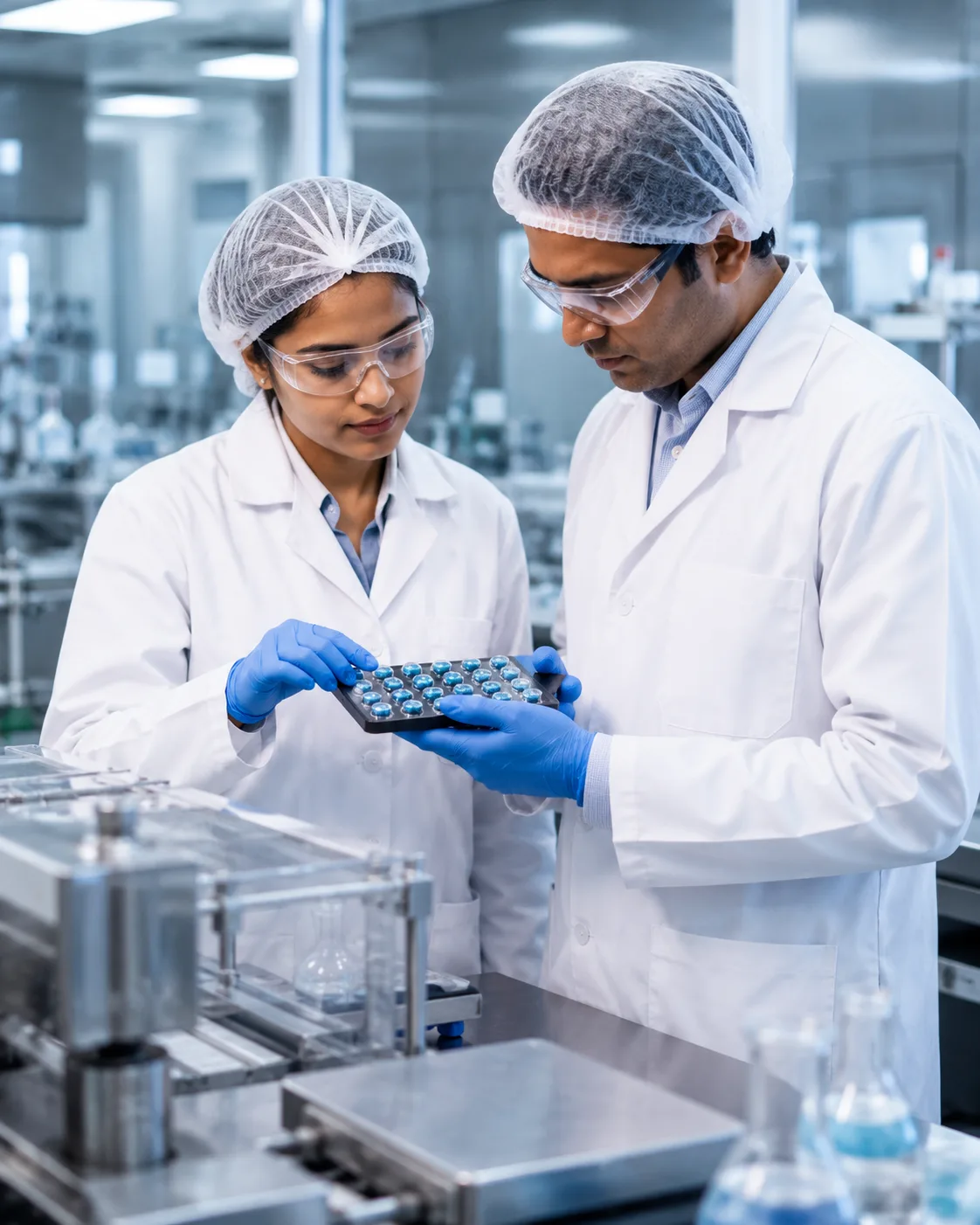Aesscula scientists in white coats and safety glasses inspecting a tablet sample tray in the research laboratory