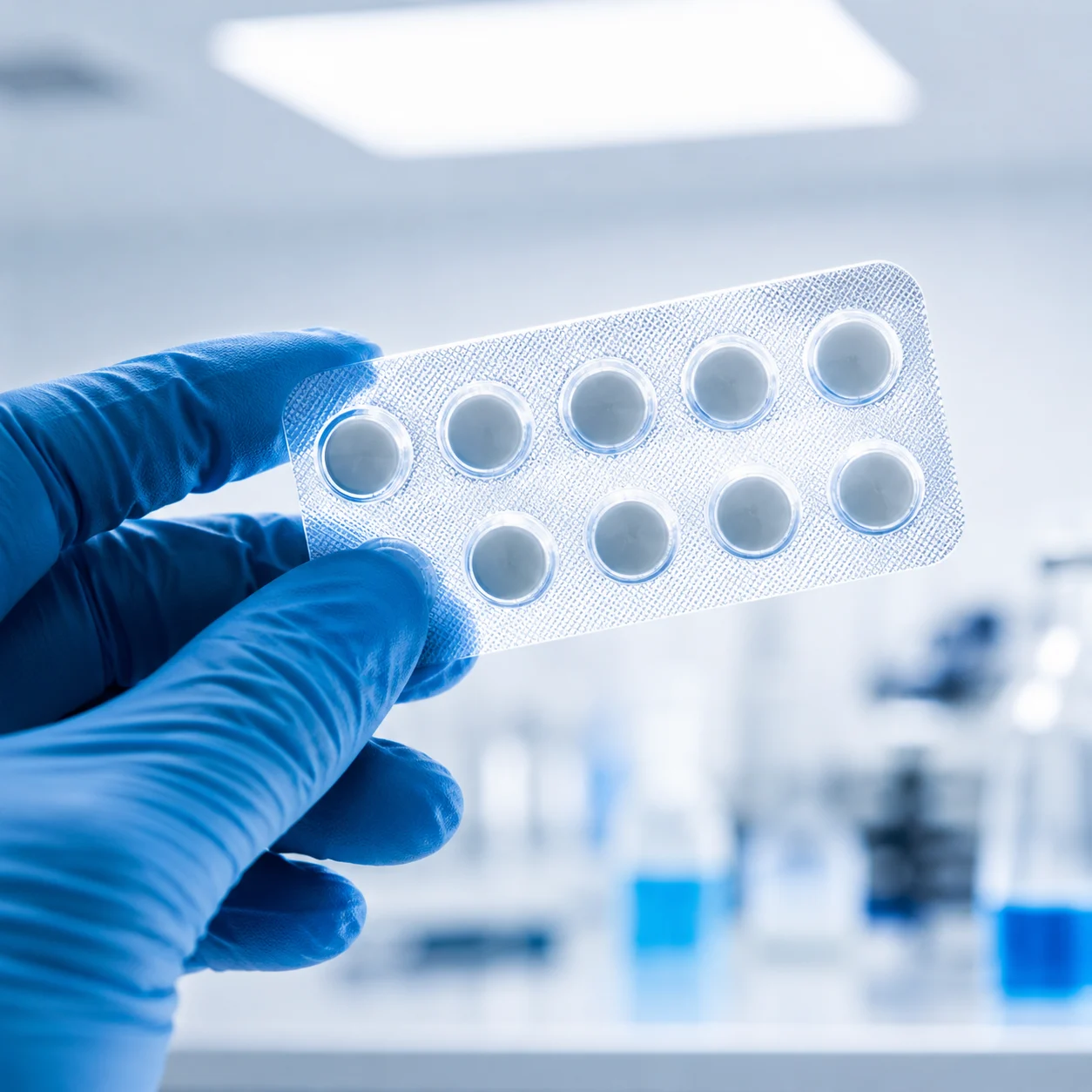 Gloved quality-control technician holding a blister strip of tablets up to the light in the laboratory