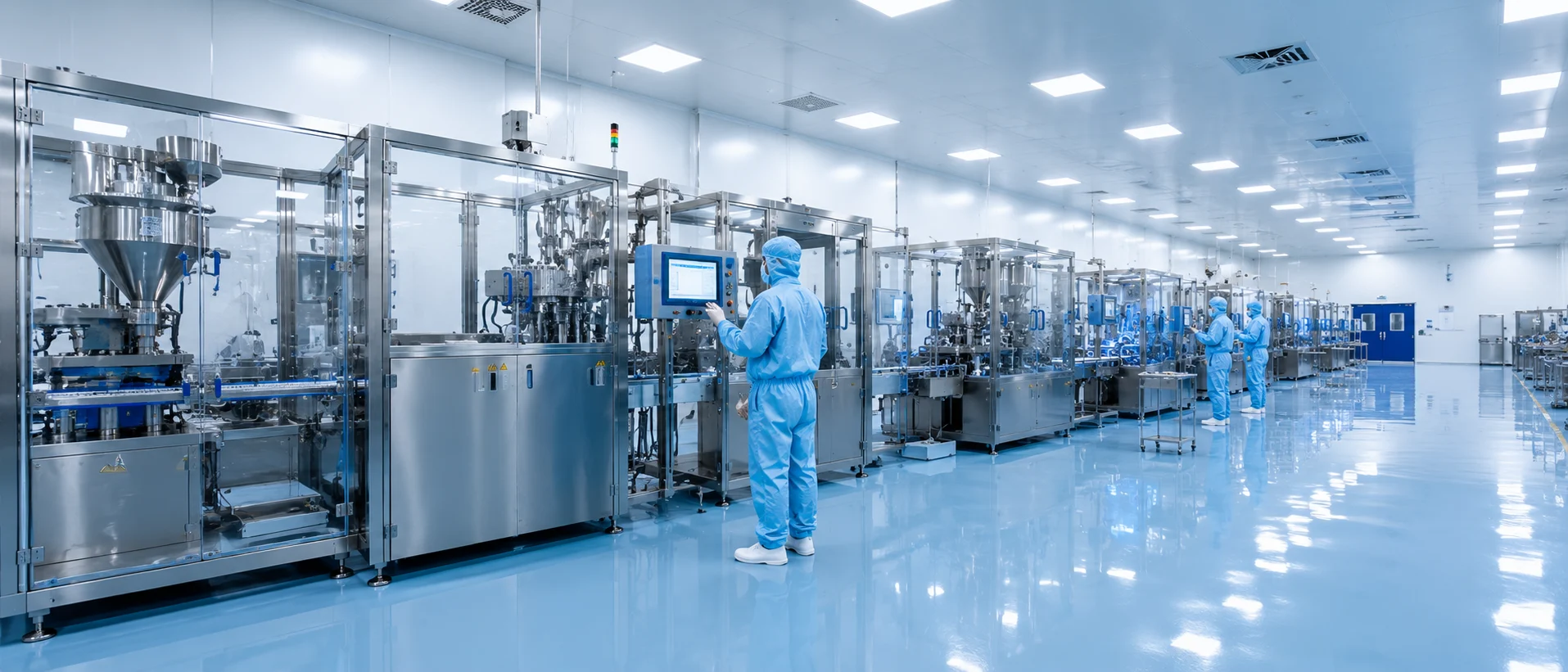 Wide view of the Aesscula cleanroom: a full row of stainless steel filling and packing machines behind glass isolators, with gowned operators at the line