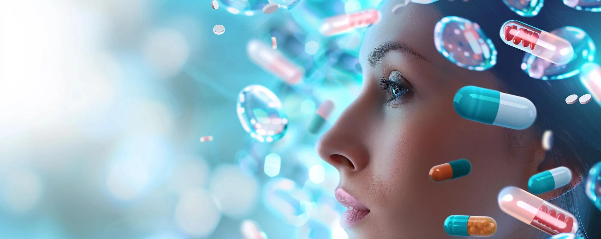 A woman in profile looking upward, surrounded by floating capsules, tablets and softgel pearls